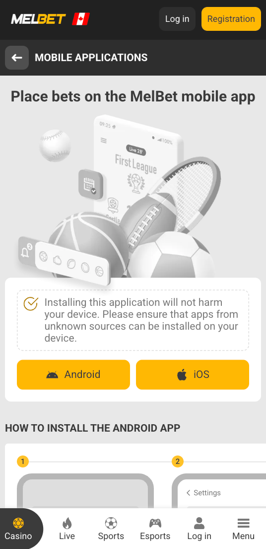 Melbet mobile application interface showing sports betting and casino games