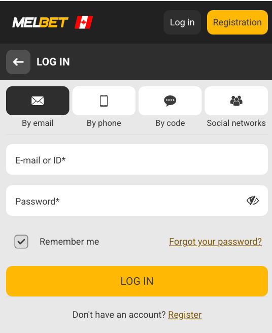 Melbet login screen showing email and password fields with social login options